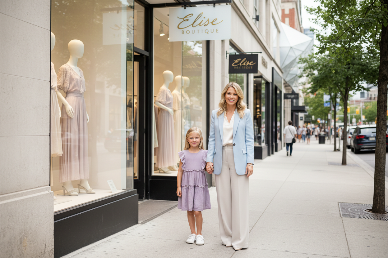 A stylish blonde mother in her mid-30s standing with her blonde daughter (age 7–9) in front of an upscale women’s fashion boutique on a famous street in Toronto (Bloor Street West/Yorkville aesthetic). Realistic lighting, natural smiles, premium modern storefront signage, soft pastel clothing, subtle luxury vibes, vibrant Toronto city background, daylight, photorealistic, ultra-realistic skin textures, lifestyle editorial style, high detail. The name of the store is Elise Boutique